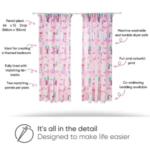 Bloomsbury Mill - Unicorn, Princess Curtains for Kids Bedroom - Lined Curtain Pair with Tie Backs 66 x 72 inch or 168cm x 183cm