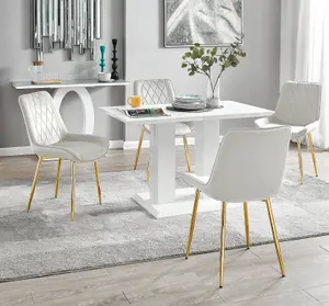 Furniturebox UK 4 Seater Dining Set - Imperia White High Gloss Dining Table and Chairs - 4 Cream Pesaro Gold Leg Chairs