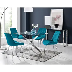 Lenworth Glass Rectangular Dining Table Set with 4 Luxury Velvet Chairs Blue/Silver / Silver