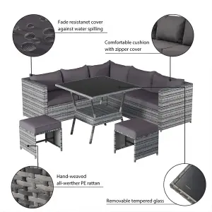 7 Seater Rattan Garden Patio Corner Sofa Set with High Glass Topped Dinning Table, for Indoor & Outdoor with Cushions, Grey