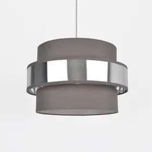 First Choice Lighting Pair of 2 Tier Grey Fabric & Brushed Silver Plated Banded Ceiling Adjustable Flush Shade