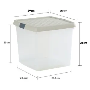 Wham Clip 3x 14L Square Plastic Storage Boxes with Secure Clip Lock Lids. L:29 x W:29 x H:26cm Clear/Stone/Slate Grey