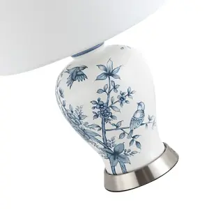 Traditional White Gloss Ceramic Lamp Base with Navy Blue Floral and Bird Decor