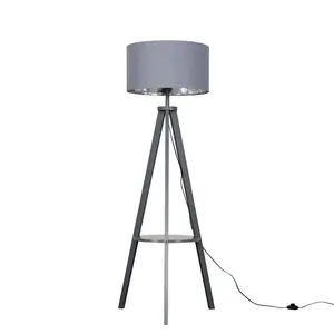 Ismay 149 cm Morrigan Wood Tripod Floor Lamp with Shelf & XL Reni Shade Grey / Biege / No