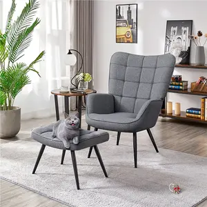 Yaheetech Dark Grey Modern Fabric Accent Chair with Tufted High Back and Ottoman Set