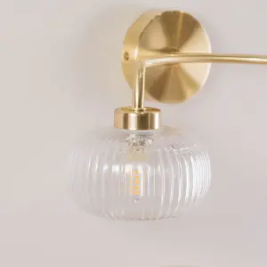 ValueLights Amaia Gold 2 Way Wall Light Ribbed Glass Shades IP44