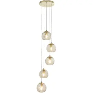 Satin Brass 5 Light Ceiling Pendant Fitting & Campagne Dimpled Glass Shades