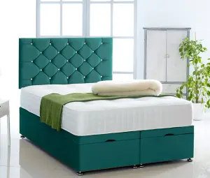 Green Plush Foot Lift Ottoman Bed With Memory Spring Mattress And  Studded  Headboard 4FT6 Double