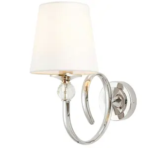 Luxury Traditional Curved Arm Wall Light Bright Nickel Crystal & White Shade