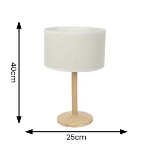 ValueLights Triston Natural Light Wood Stem Table Lamp with Linen White Trim Drum Lamp Shade and LED Bulb