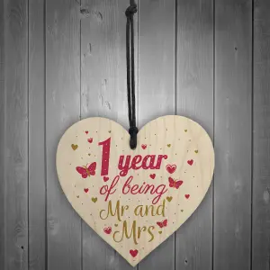 Red Ocean 1 Year Anniversary Wooden Heart Plaque Mr And Mrs Wedding Anniversary Gift For Her