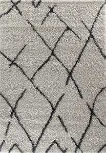 Modern Dark Cream Geometric Marrakesh Shaggy Area Rug, Deep Pile Living Room/Bedroom Patterned Shag Runner- 80x150 cm (540)