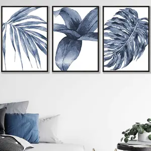 Set of 3 Tropical Plants Navy Blue Abstract Wall Art Prints / 50x70cm / Black Frame