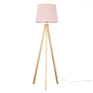 ValueLights Barbro Modern Light Wood Tripod Design Floor Lamp with Pink Tapered Shade - Includes 6w LED GLS Bulb 3000K Warm White