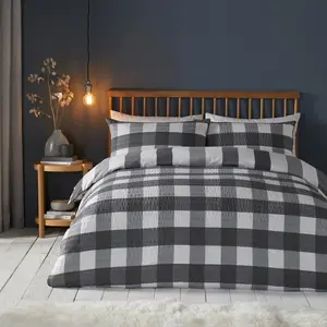 Seersucker Cotton Blend Chequered Duvet Cover Set with Pillowcases Charcoal / Super King - 2 Standard Pillowcase