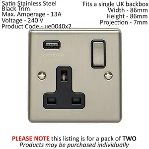 2 PACK - 1 Gang Single UK Plug Socket & 2.1A USB Satin Steel & Black Trim 13A Switched