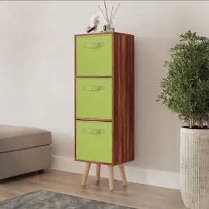 URBNLIVING 100cm Height Teak 3-Tier 3-Drawer Green Cube Shelving Unit with Scandinavian Beech Legs