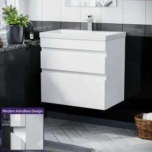 Nes Home Hardie 600mm 2 Drawer White Wall Hung Vanity Cabinet and Basin Sink Unit