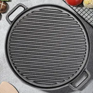 Black Round Cast Iron Grill Pan with Handles for Indoor and Outdoor