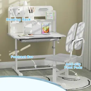 AIYAPLAY Kids Desk and Chair Set w/ Tiltable Desktop Reading Rack - Grey