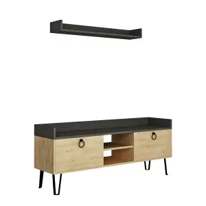 Decortie Keday Modern TV Unit Multimedia Centre Oak Anthracite Grey with Wall Shelf Unit 140cm