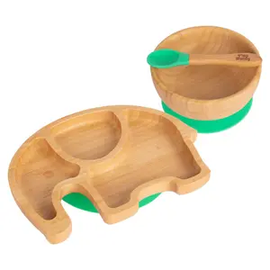 Tiny Dining - Children's Bamboo Suction Elephant Dinner Set - Green