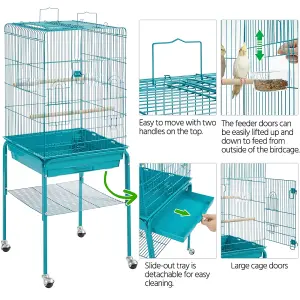 Yaheetech Teal Blue Play Top Metal Bird Cage w/ Detachable Rolling Stand