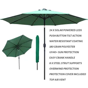 GlamHaus Garden Parasol Solar LED 2.7M ,Tilting Table Umbrella with Crank Handle, Protection UV40, Includes Parasol Cover- Green