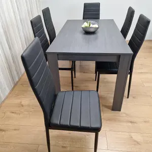 Dining Table and 6 Chairs  Black Dark Grey 6 Black Leather Chairs Wood Dining Set Furniture