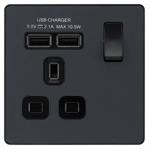 BG Evolve Single Switched Socket 13A Dual USB A Matt Grey - PCDMG21U2B