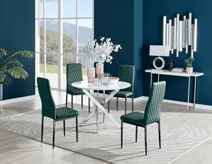 Furniturebox UK Novara White High Gloss Round Dining Table & 4 Green Velvet Milan Black Leg Chairs