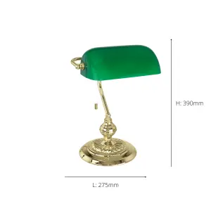 EGLO Banker Green And Brass Metal And Glass Bankers Table Lamp, (L) 27.5cm