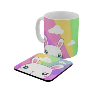 Inquisitive Creatures Kawaii Bunny Rainbow Mug & Coaster Set Multicoloured (One Size)