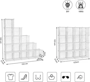 SONGMICS DIY Closet Cabinet, 16 Cube Metal Wire Organizer, Modular Grids and Wire Mesh Shelving, White