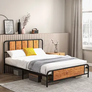 HOMCOM King Size Bed Frame Steel Bed Base with Headboard 160 x 207cm Brown