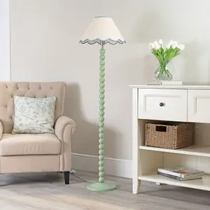 ValueLights Bobbles Sage Green Bobbin Floor Lamp with Blue Trim Scallop Shade - LED Bulb Included