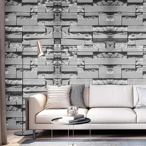 Dark Grey Rustic 3D Stone Brick Effect Non Woven Wallpaper Roll 950 cm