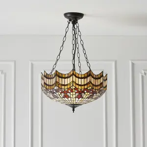 Traditional Tiffany Glass 3 Light Ceiling Pendant - Dark Bronze Effect Fitting