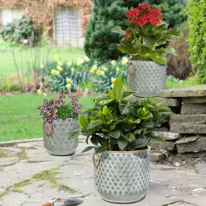 Set of 3 Textured Dolly Indoor Outdoor Planter Garden Decorative Plant Pots with Handles