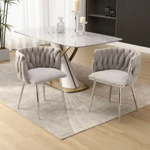 Pair of Modern Hand Weaving Dining Chairs Upholstered Side Chairs Kitchen Chairs with Armrest for Dining Room Grey