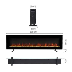 Black Electric Fire Wall Mounted or Freestanding Fireplace Heater 12 Flame Colors with Remote Control 60 inch