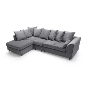 Jumbo Large Grey Cord Left Facing Corner Sofa for Living Room with Thick Luxury Deep Filled Cushioning