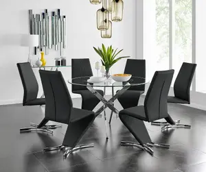 Furniturebox UK Novara Chrome Metal And Glass Large Round Dining Table And 6 Black Willow Chairs Set