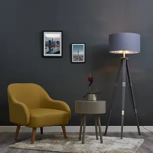 ValueLights Willow Large Modern Grey Wood and Metal Tripod Design Floor Lamp with Grey Chrome Shade