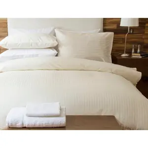 Plain Dye 540 TC Egyptian-Quality Cotton Satin Striped Duvet Cover Set with Pillowcases Ivory / Super King Duvet Cover + 2 Standard Pillowcases