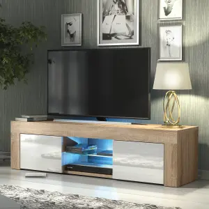 Loom TV Unit 130cm Oak & White with High Gloss Doors and LED Lighting - Creative Furniture