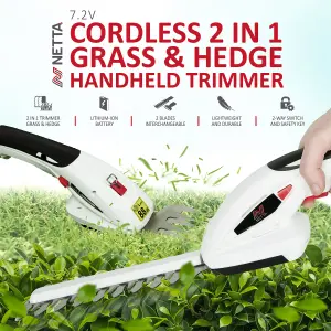 NETTA 7.2V Cordless 2 in 1 Grass & Hedge Trimmer - Handheld