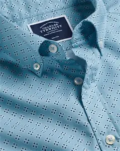 Button-Down Collar Non-Iron Stretch Poplin Diamond Print Short Sleeve Cotton Shirt - Aqua Green Single Cuff Size Medium By Charles Tyrwhitt