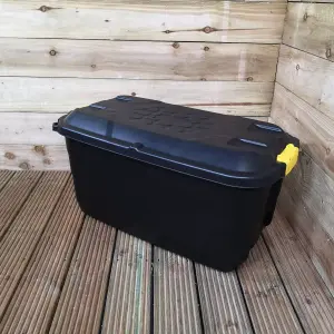 1 x 145L AND 4 x 24L Heavy Duty Trunks 1 on Wheels Sturdy, Lockable, Stackable and Nestable Design Storage Chest Clips in Black