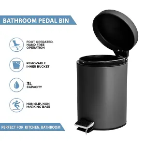 Small Stainless Steel 3 Ltr Pedal Bin Kitchen Bathroom Toilet Rubbish, Black